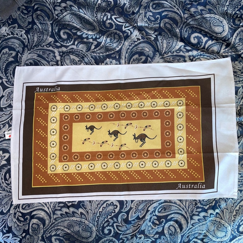 I Love Australia Kangaroo Boomerang Dot Art Cotton Tea Towel Brown Ochre 30"